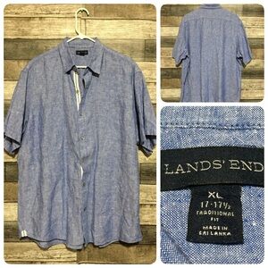 Lands End Traditional Fit 100% Linen Button Up Shirt Men’s XL Blue Short Sleeve